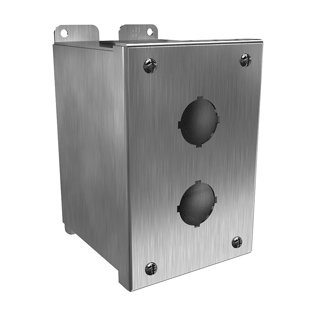 1437SSB - Hammond pushbutton enclosure, 2 holes, 30mm, NEMA 4/4X, 6 x 4 x 5in (HxWxD), wall mount, 304 stainless steel, #4 brush finish, hinged screw cover.