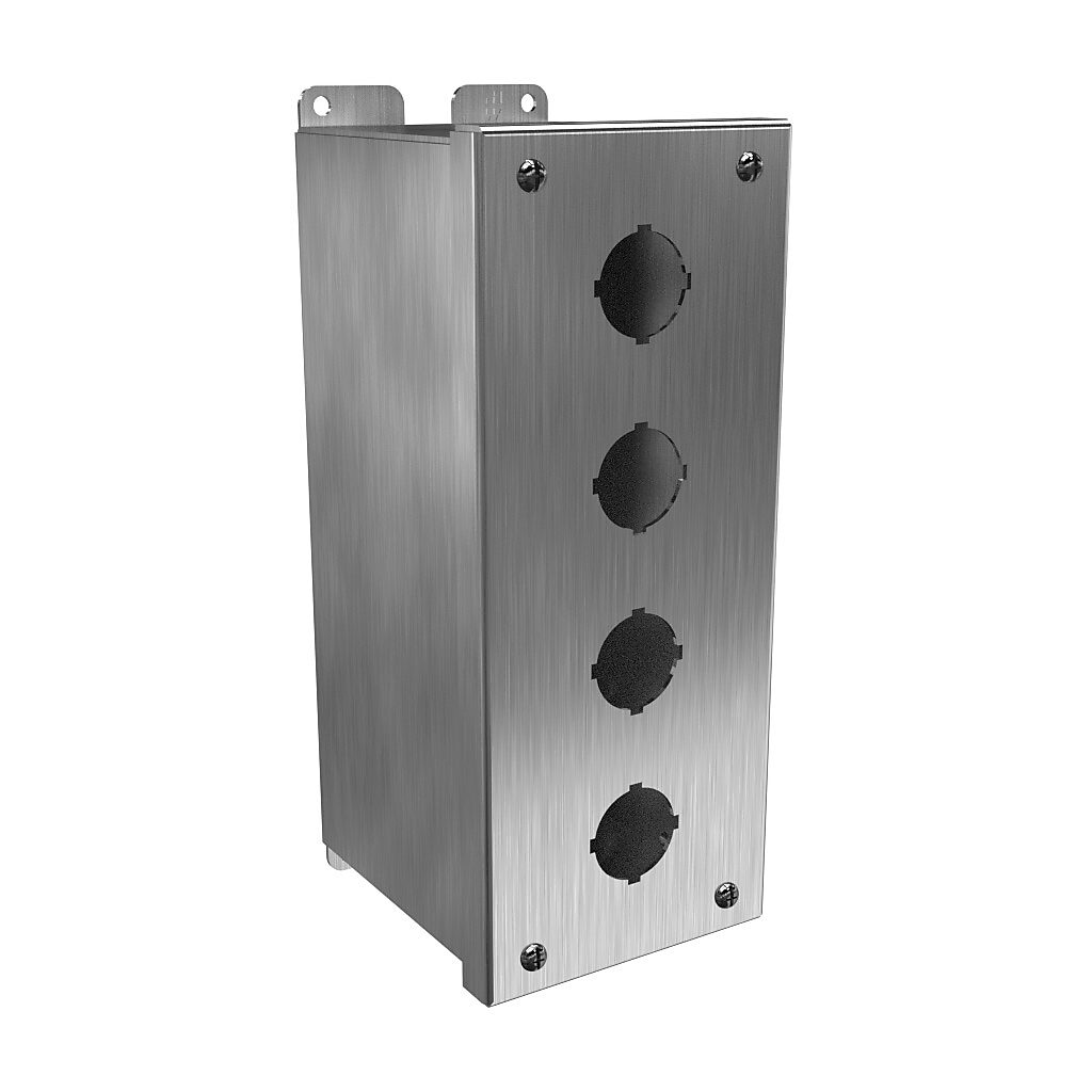 1437SSD - Hammond pushbutton enclosure, 4 holes, 30mm, NEMA 4/4X, 10 x 4 x 5in (HxWxD), wall mount, 304 stainless steel, #4 brush finish, hinged screw cover.