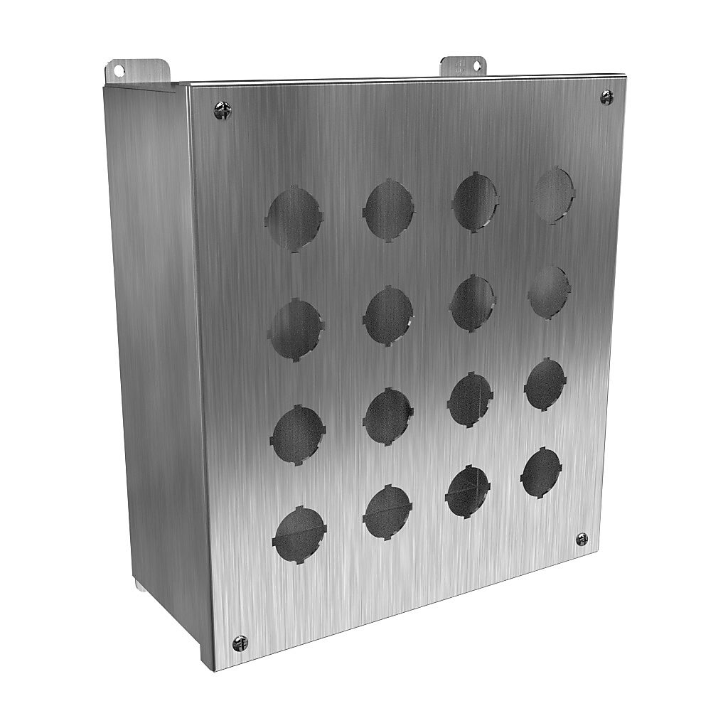 1437SSS - Hammond pushbutton enclosure, 16 holes, 30mm, NEMA 4/4X, 12 x 11 x 5in (HxWxD), wall mount, 304 stainless steel, #4 brush finish, hinged screw cover.