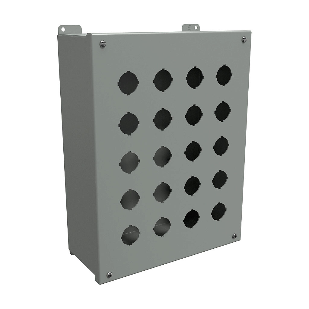 1437V - Hammond pushbutton enclosure, 20 holes, 30mm, NEMA 12/13, 14 x 11 x 5in (HxWxD), wall mount, carbon steel, ANSI 61 gray, powder coat finish, hinged screw cover.