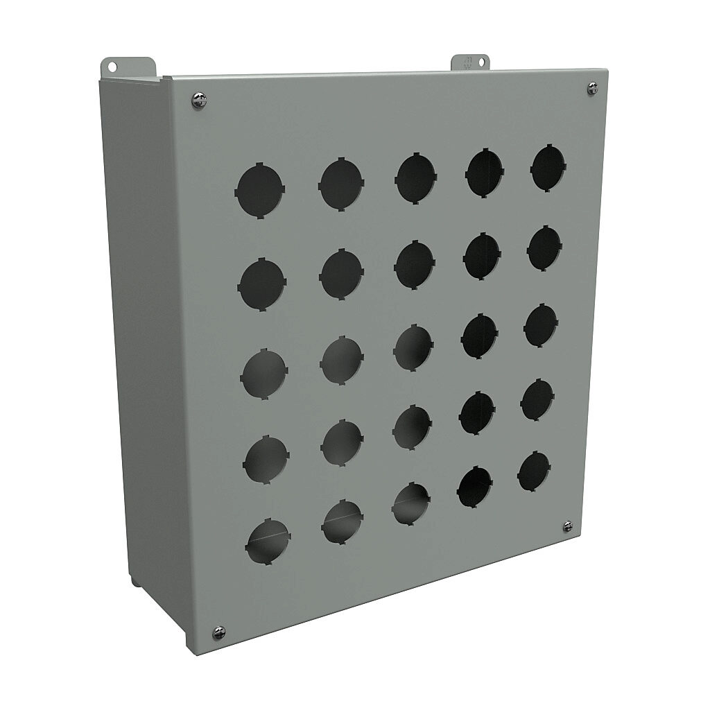 1437X - Hammond pushbutton enclosure, 25 holes, 30mm, NEMA 12/13, 14 x 13 x 5in (HxWxD), wall mount, carbon steel, ANSI 61 gray, powder coat finish, hinged screw cover.