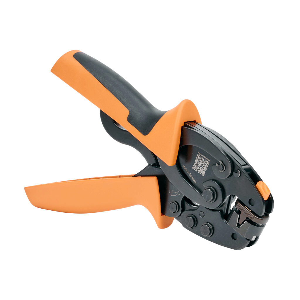 1444050000 - Weidmuller wire crimping tool, self-adjusting, rotatable die, trapezoidal profile, 26-10 AWG capacity, compatible with insulated and non-insulated wire ferrules, locking die position.