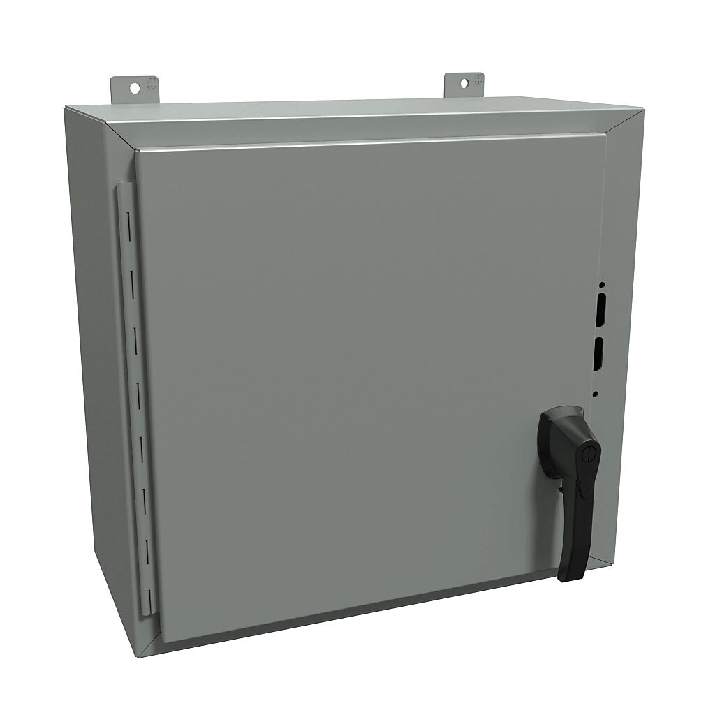 1447SA10HK - Hammond disconnect enclosure, NEMA 4/12/13, right flange, 20 x 21 x 10in (HxWxD), wall mount, carbon steel, ANSI 61 gray, powder coat finish, single-door, 2-point padlocking handle.