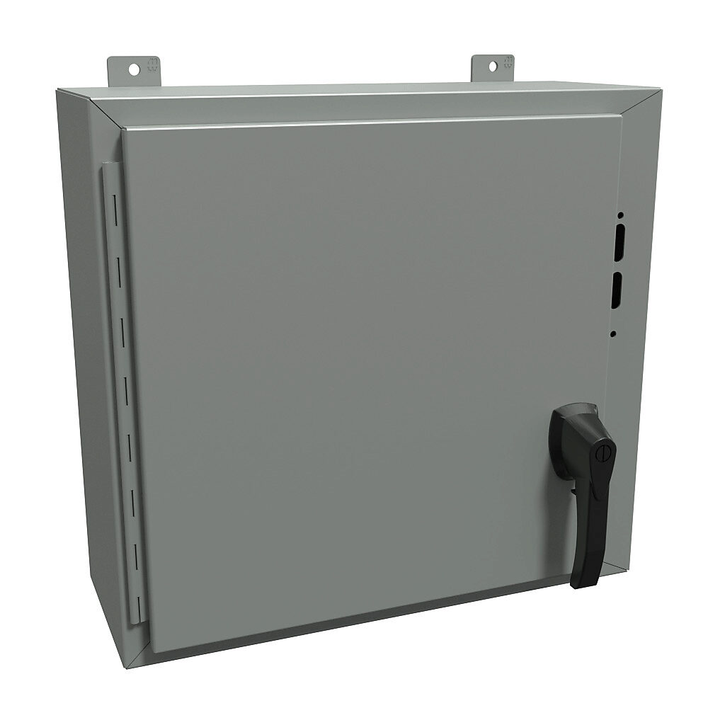 1447SA8HK - Hammond disconnect enclosure, NEMA 4/12/13, right flange, 20 x 21 x 8in (HxWxD), wall mount, carbon steel, ANSI 61 gray, powder coat finish, single-door, 2-point padlocking handle.