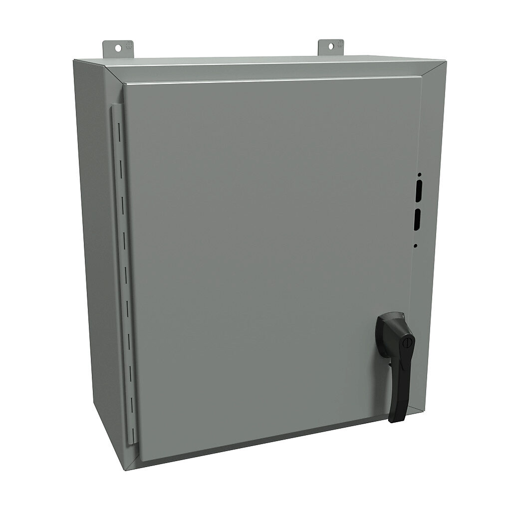 1447SB10HK - Hammond disconnect enclosure, NEMA 4/12/13, right flange, 24 x 21 x 10in (HxWxD), wall mount, carbon steel, ANSI 61 gray, powder coat finish, single-door, 2-point padlocking handle.