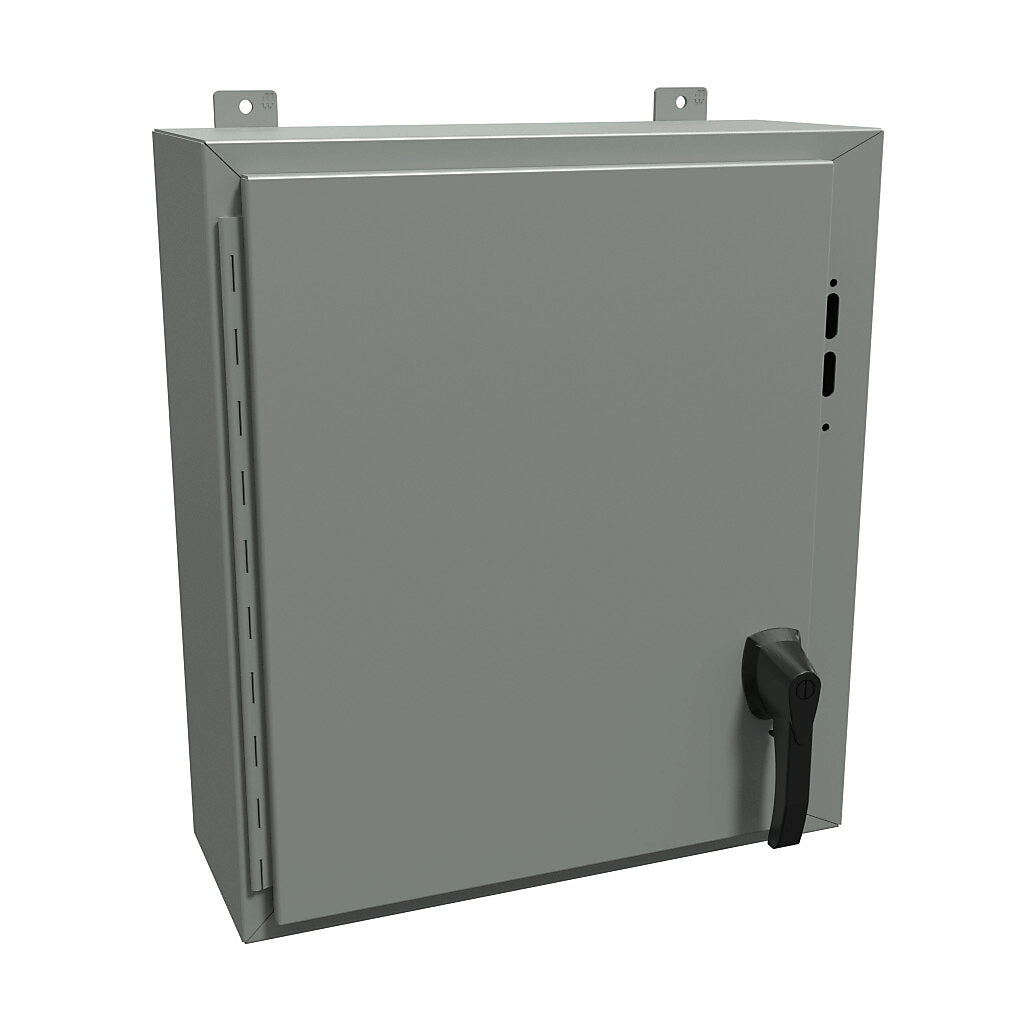 1447SB8HK - Hammond disconnect enclosure, NEMA 4/12/13, right flange, 24 x 21 x 8in (HxWxD), wall mount, carbon steel, ANSI 61 gray, powder coat finish, single-door, 2-point padlocking handle.