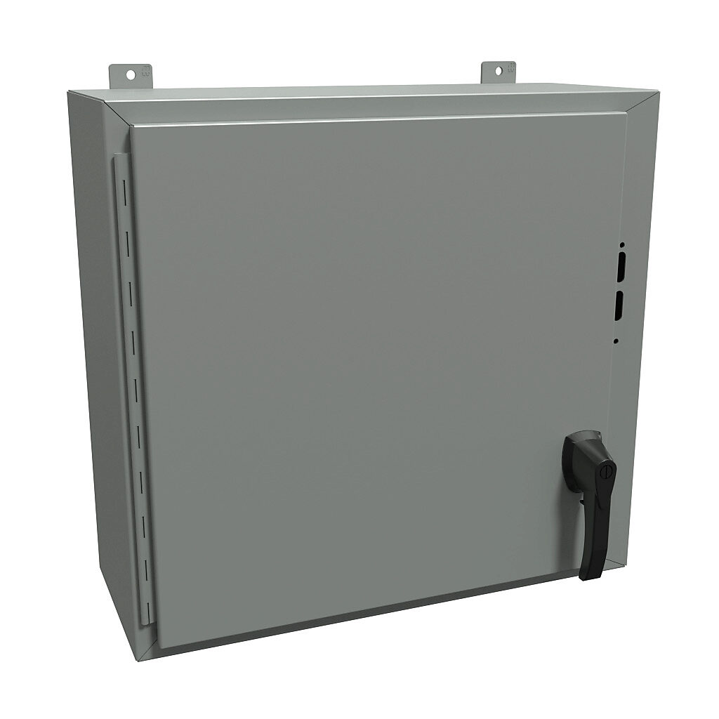 1447SC10HK - Hammond disconnect enclosure, NEMA 4/12/13, right flange, 24 x 25 x 10in (HxWxD), wall mount, carbon steel, ANSI 61 gray, powder coat finish, single-door, 2-point padlocking handle.