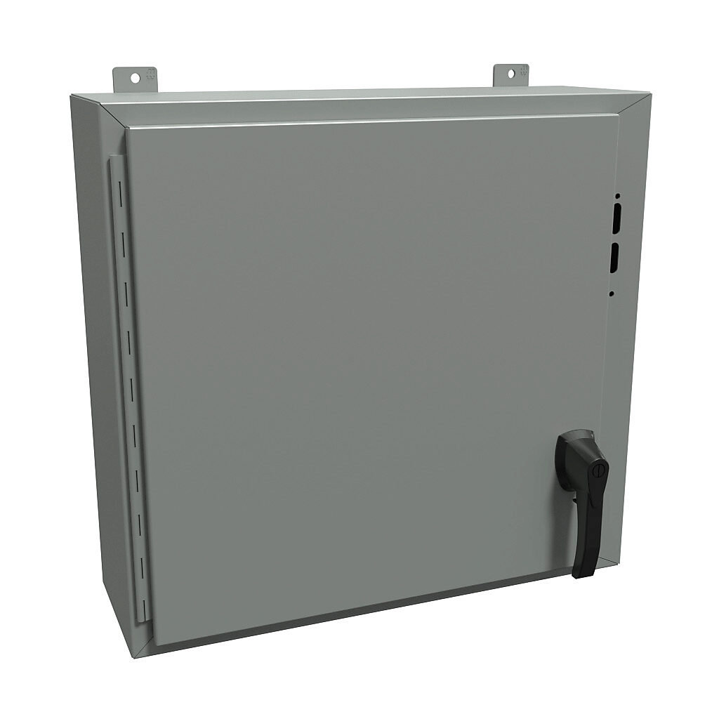 1447SC8HK - Hammond disconnect enclosure, NEMA 4/12/13, right flange, 24 x 25 x 8in (HxWxD), wall mount, carbon steel, ANSI 61 gray, powder coat finish, single-door, 2-point padlocking handle.