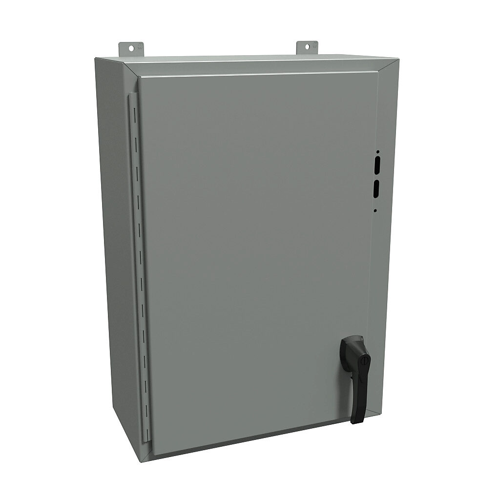 1447SD10HK - Hammond disconnect enclosure, NEMA 4/12/13, right flange, 30 x 21 x 10in (HxWxD), wall mount, carbon steel, ANSI 61 gray, powder coat finish, single-door, 2-point padlocking handle.