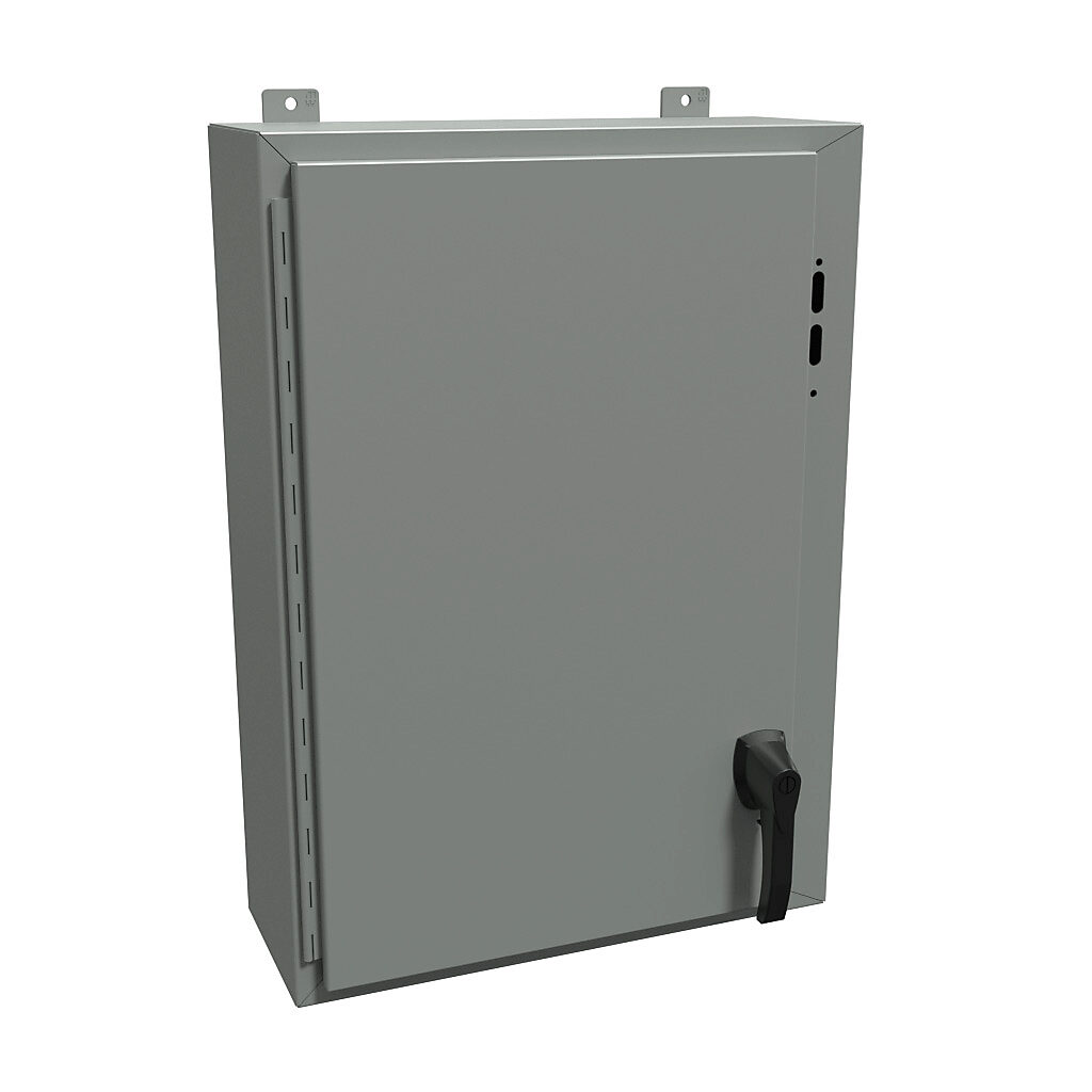 1447SD8HK - Hammond disconnect enclosure, NEMA 4/12/13, right flange, 30 x 21 x 8in (HxWxD), wall mount, carbon steel, ANSI 61 gray, powder coat finish, single-door, 2-point padlocking handle.