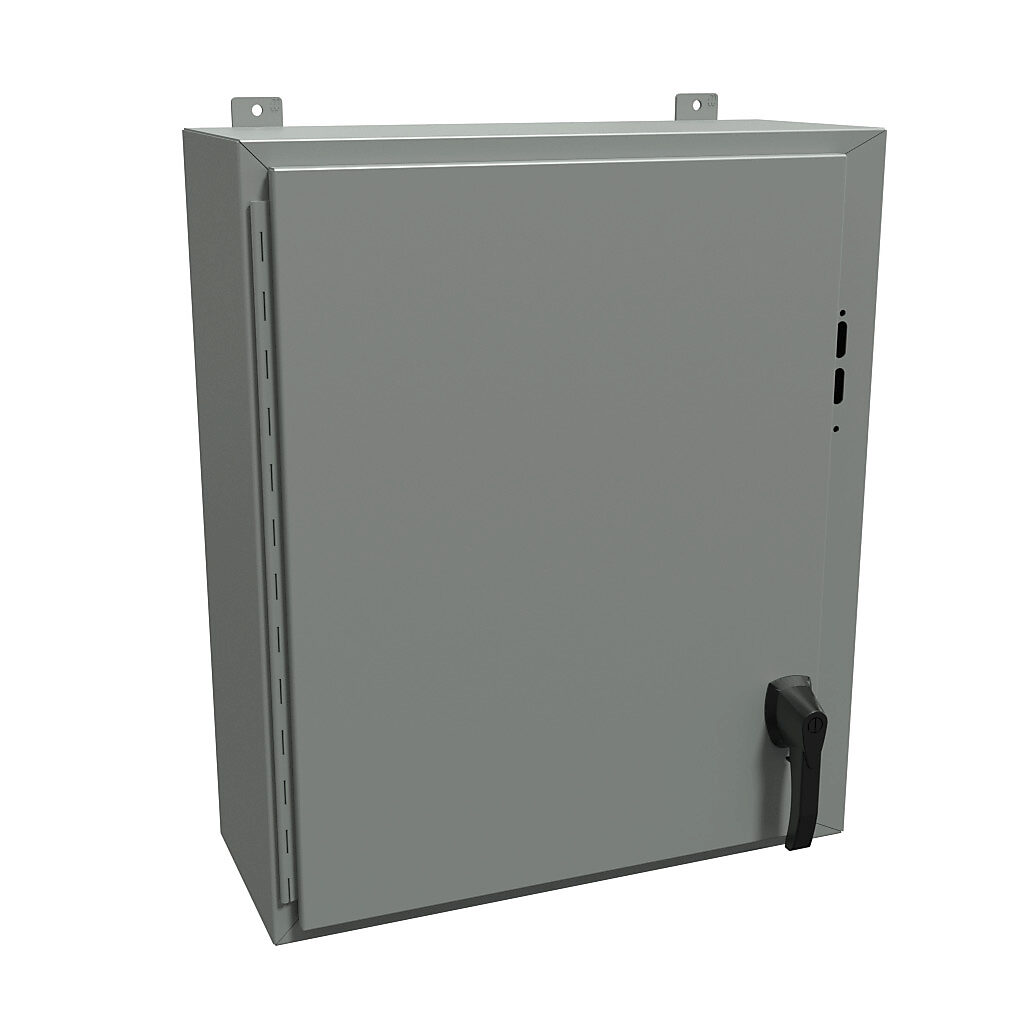 1447SE10HK - Hammond disconnect enclosure, NEMA 4/12/13, right flange, 30 x 25 x 10in (HxWxD), wall mount, carbon steel, ANSI 61 gray, powder coat finish, single-door, 2-point padlocking handle.