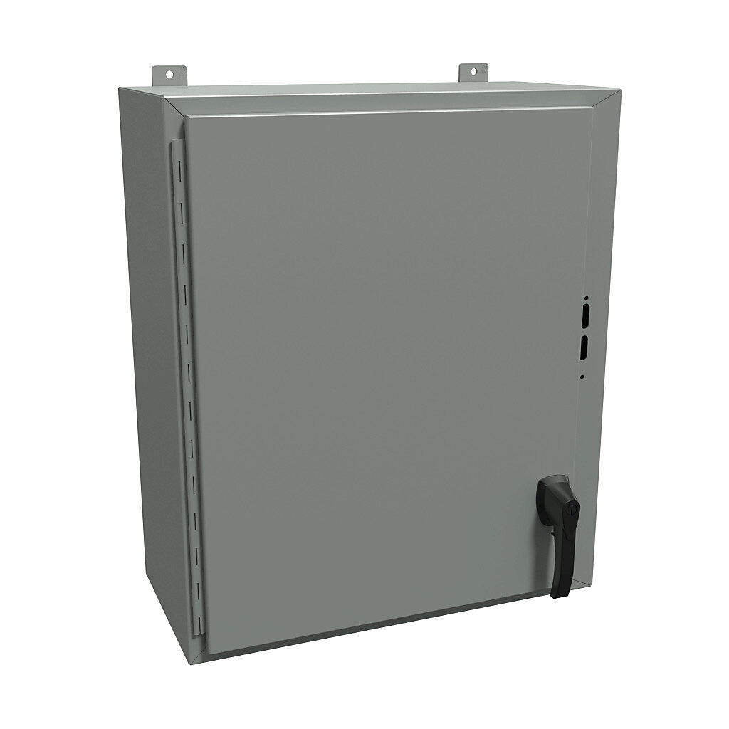 1447SE12HK - Hammond disconnect enclosure, NEMA 4/12/13, right flange, 30 x 25 x 12in (HxWxD), wall mount, carbon steel, ANSI 61 gray, powder coat finish, single-door, 2-point padlocking handle.