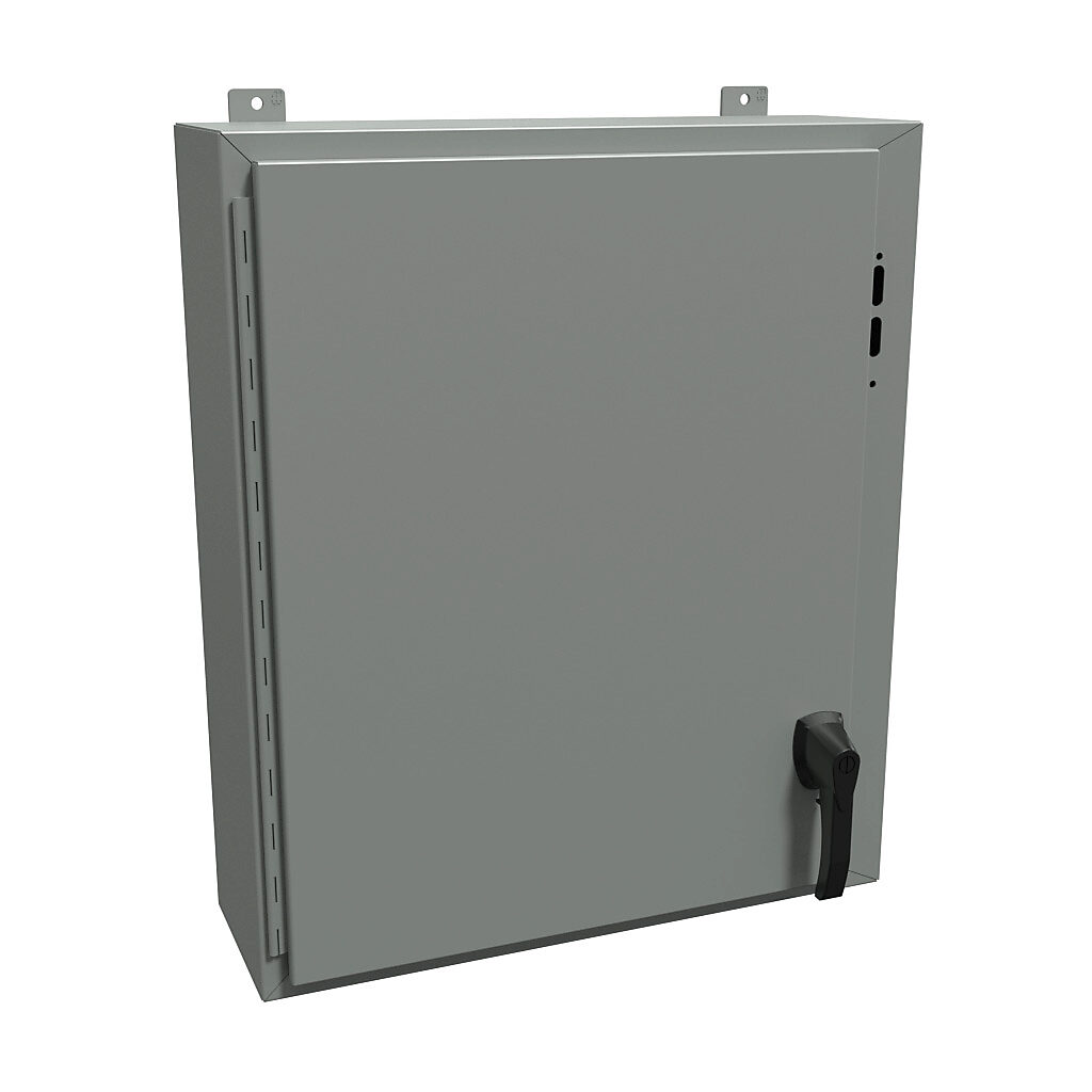 1447SE8HK - Hammond disconnect enclosure, NEMA 4/12/13, right flange, 30 x 25 x 8in (HxWxD), wall mount, carbon steel, ANSI 61 gray, powder coat finish, single-door, 2-point padlocking handle.