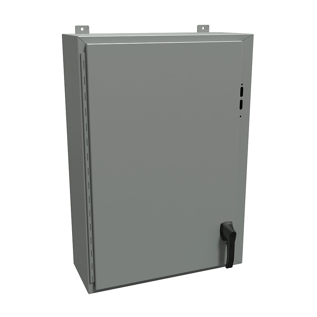 1447SF10HK - Hammond disconnect enclosure, NEMA 4/12/13, right flange, 36 x 25 x 10in (HxWxD), wall mount, carbon steel, ANSI 61 gray, powder coat finish, single-door, 2-point padlocking handle.