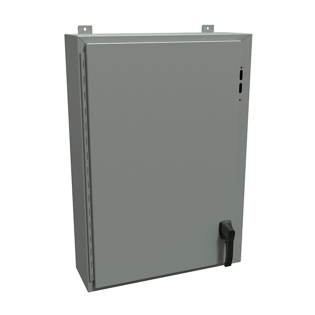 1447SF8HK - Hammond disconnect enclosure, NEMA 4/12/13, right flange, 36 x 25 x 8in (HxWxD), wall mount, carbon steel, ANSI 61 gray, powder coat finish, single-door, 2-point padlocking handle.