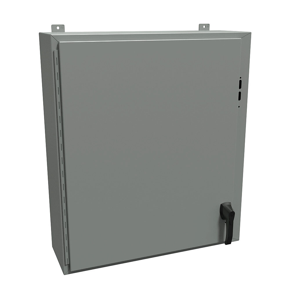 1447SG10HK - Hammond disconnect enclosure, NEMA 4/12/13, right flange, 36 x 31 x 10in (HxWxD), wall mount, carbon steel, ANSI 61 gray, powder coat finish, single-door, 2-point padlocking handle.