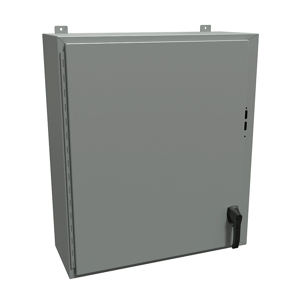 1447SG12HK - Hammond disconnect enclosure, NEMA 4/12/13, right flange, 36 x 31 x 12in (HxWxD), wall mount, carbon steel, ANSI 61 gray, powder coat finish, single-door, 2-point padlocking handle.