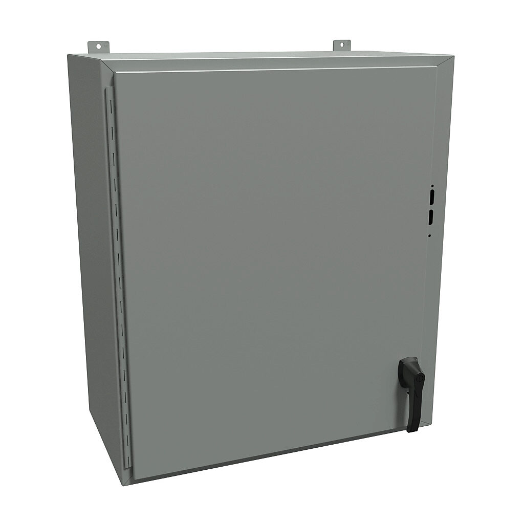 1447SG16HK - Hammond disconnect enclosure, NEMA 4/12/13, right flange, 36 x 31 x 16in (HxWxD), wall mount, carbon steel, ANSI 61 gray, powder coat finish, single-door, 2-point padlocking handle.