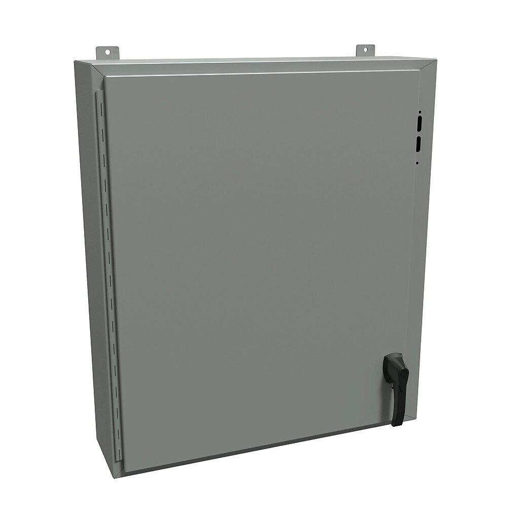 1447SG8HK - Hammond disconnect enclosure, NEMA 4/12/13, right flange, 36 x 31 x 8in (HxWxD), wall mount, carbon steel, ANSI 61 gray, powder coat finish, single-door, 2-point padlocking handle.