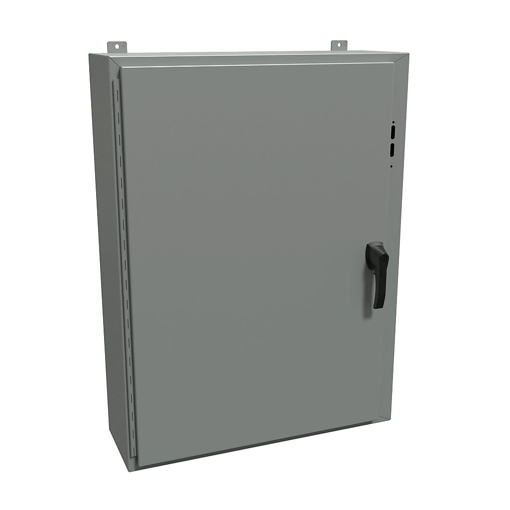 1447SH10HK - Hammond disconnect enclosure, NEMA 4/12/13, right flange, 42 x 31 x 10in (HxWxD), wall mount, carbon steel, ANSI 61 gray, powder coat finish, single-door, 3-point padlocking handle.