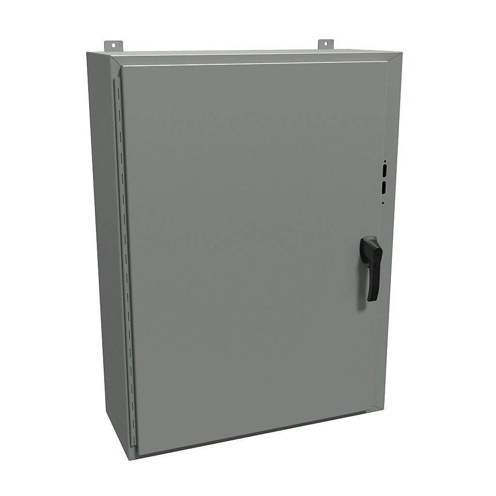 1447SH12HK - Hammond disconnect enclosure, NEMA 4/12/13, right flange, 42 x 31 x 12in (HxWxD), wall mount, carbon steel, ANSI 61 gray, powder coat finish, single-door, 3-point padlocking handle.