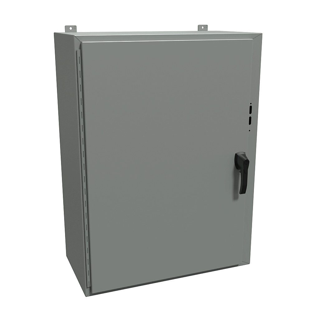 1447SH16HK - Hammond disconnect enclosure, NEMA 4/12/13, right flange, 42 x 31 x 16in (HxWxD), wall mount, carbon steel, ANSI 61 gray, powder coat finish, single-door, 3-point padlocking handle.