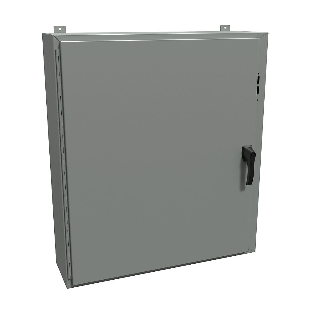 1447SJ10HK - Hammond disconnect enclosure, NEMA 4/12/13, right flange, 42 x 37 x 10in (HxWxD), wall mount, carbon steel, ANSI 61 gray, powder coat finish, single-door, 3-point padlocking handle.