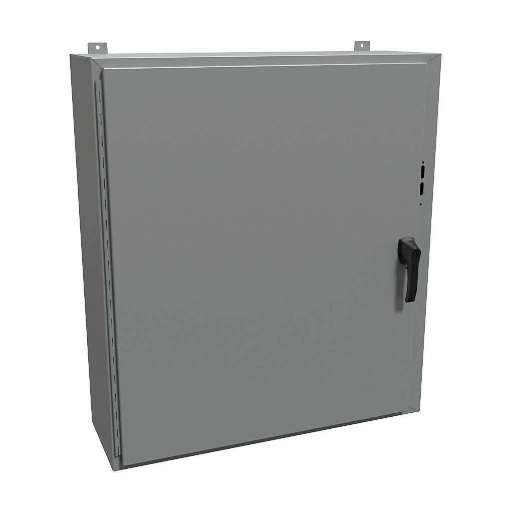 1447SJ12HK - Hammond disconnect enclosure, NEMA 4/12/13, right flange, 42 x 37 x 12in (HxWxD), wall mount, carbon steel, ANSI 61 gray, powder coat finish, single-door, 3-point padlocking handle.