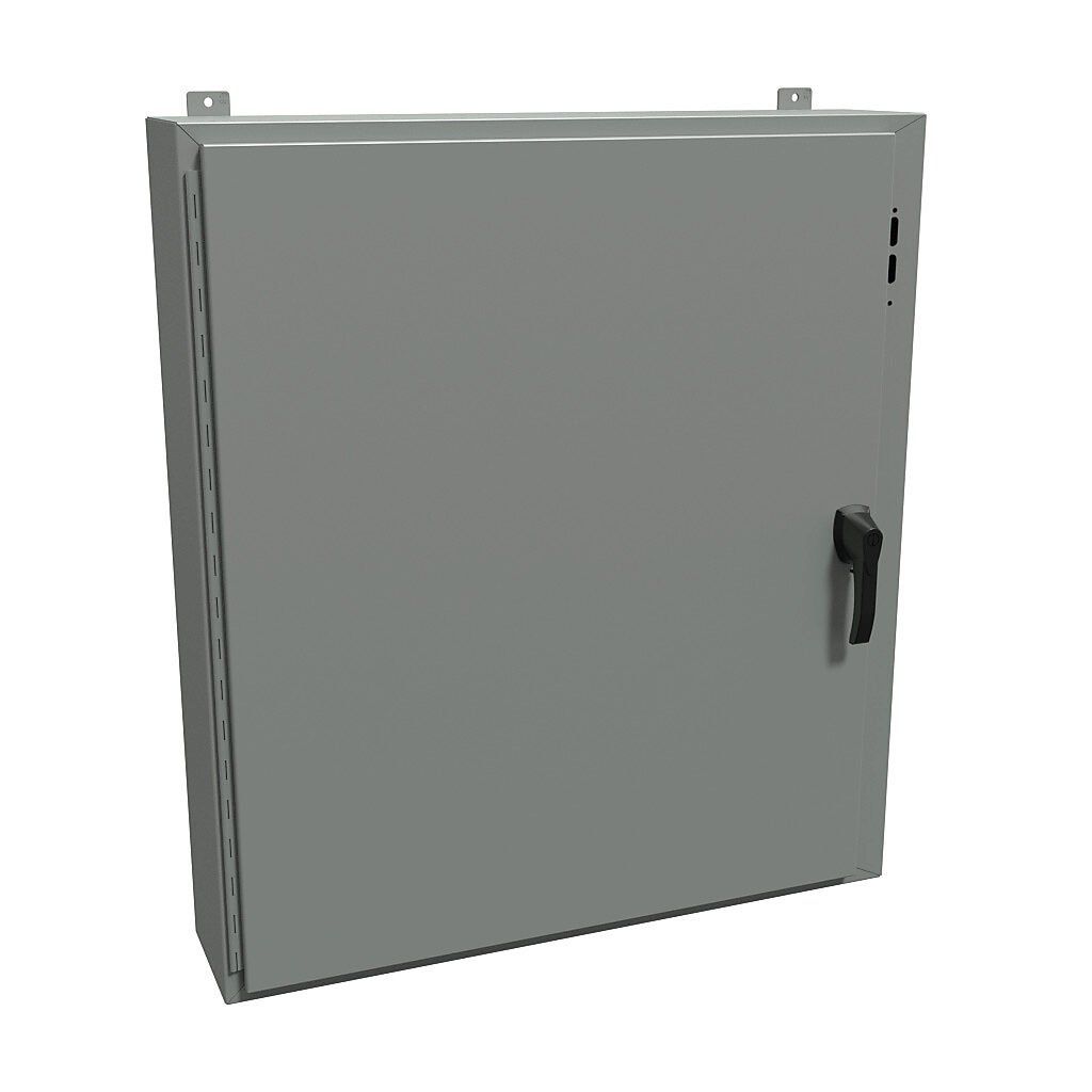 1447SJ8HK - Hammond disconnect enclosure, NEMA 4/12/13, right flange, 42 x 37 x 8in (HxWxD), wall mount, carbon steel, ANSI 61 gray, powder coat finish, single-door, 3-point padlocking handle.