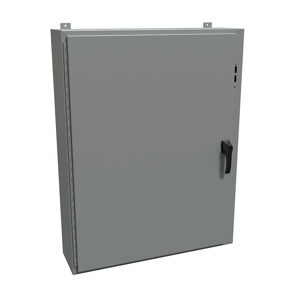 1447SK10HK - Hammond disconnect enclosure, NEMA 4/12/13, right flange, 48 x 37 x 10in (HxWxD), wall mount, carbon steel, ANSI 61 gray, powder coat finish, single-door, 3-point padlocking handle.