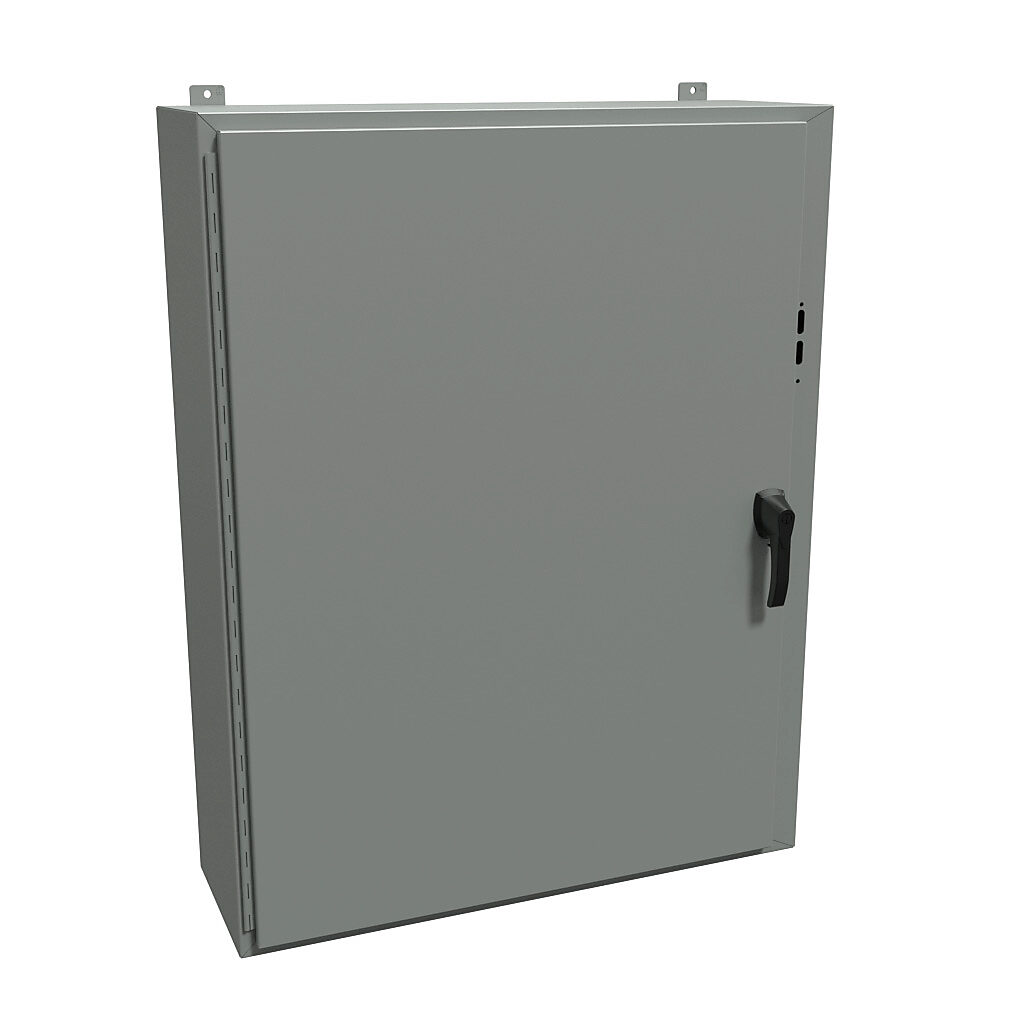 1447SK12HK - Hammond disconnect enclosure, NEMA 4/12/13, right flange, 48 x 37 x 12in (HxWxD), wall mount, carbon steel, ANSI 61 gray, powder coat finish, single-door, 3-point padlocking handle.