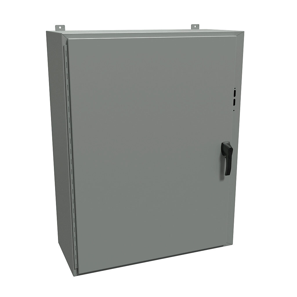 1447SK16HK - Hammond disconnect enclosure, NEMA 4/12/13, right flange, 48 x 37 x 16in (HxWxD), wall mount, carbon steel, ANSI 61 gray, powder coat finish, single-door, 3-point padlocking handle.