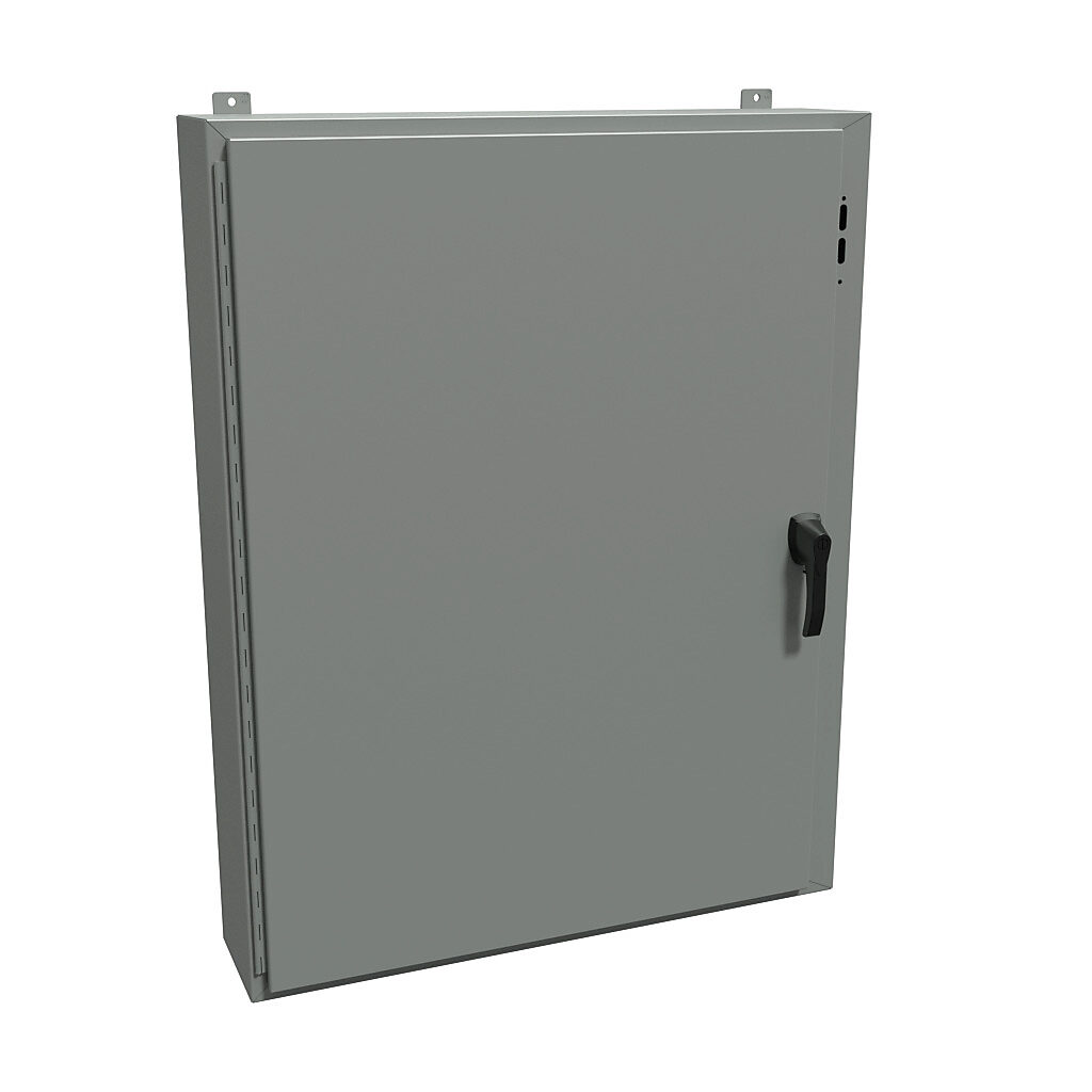 1447SK8HK - Hammond disconnect enclosure, NEMA 4/12/13, right flange, 48 x 37 x 8in (HxWxD), wall mount, carbon steel, ANSI 61 gray, powder coat finish, single-door, 3-point padlocking handle.