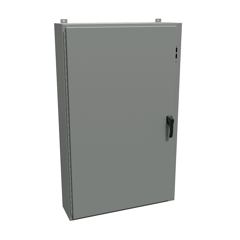 1447SL10HK - Hammond disconnect enclosure, NEMA 4/12/13, right flange, 60 x 37 x 10in (HxWxD), wall mount, carbon steel, ANSI 61 gray, powder coat finish, single-door, 3-point padlocking handle.
