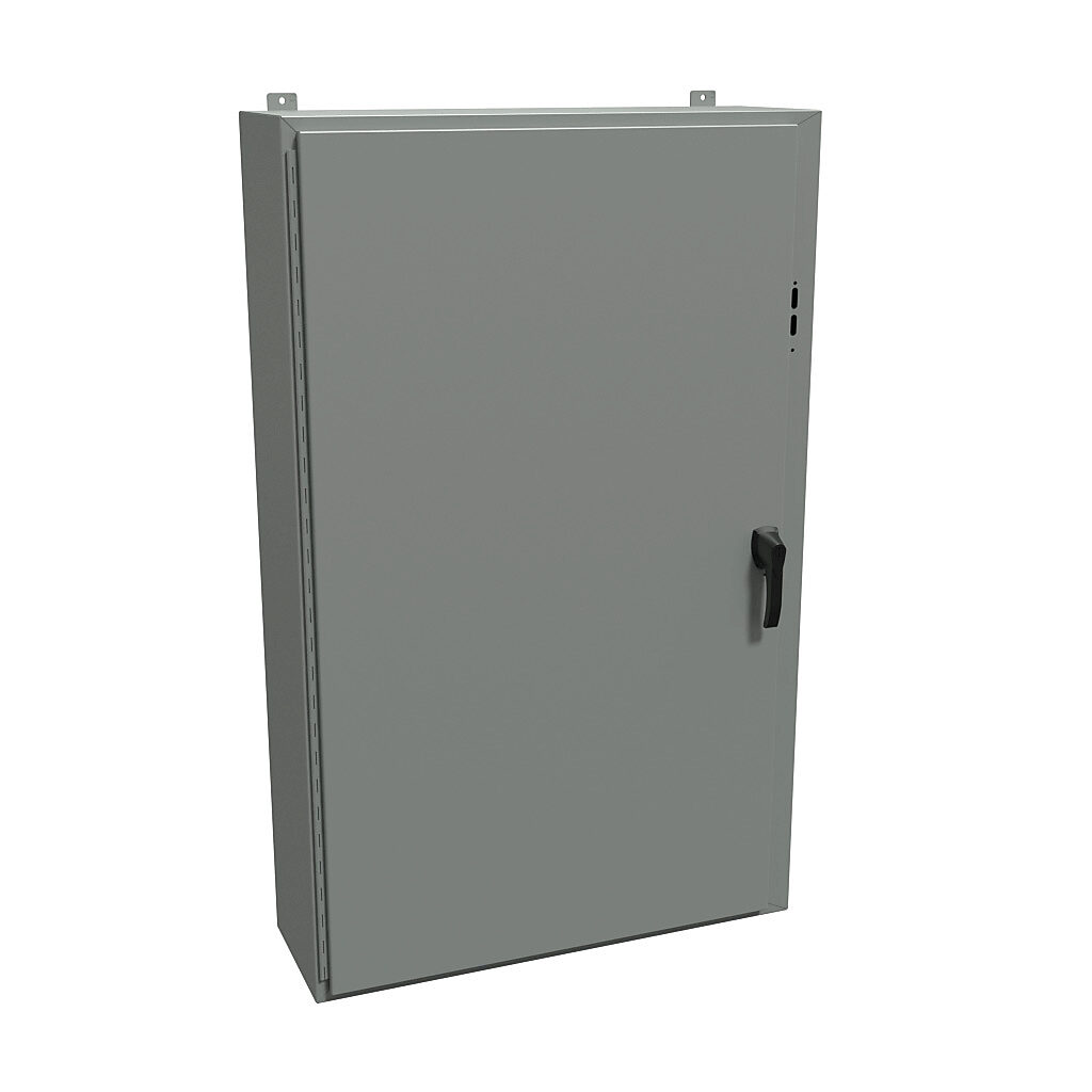 1447SL12HK - Hammond disconnect enclosure, NEMA 4/12/13, right flange, 60 x 37 x 12in (HxWxD), wall mount, carbon steel, ANSI 61 gray, powder coat finish, single-door, 3-point padlocking handle.
