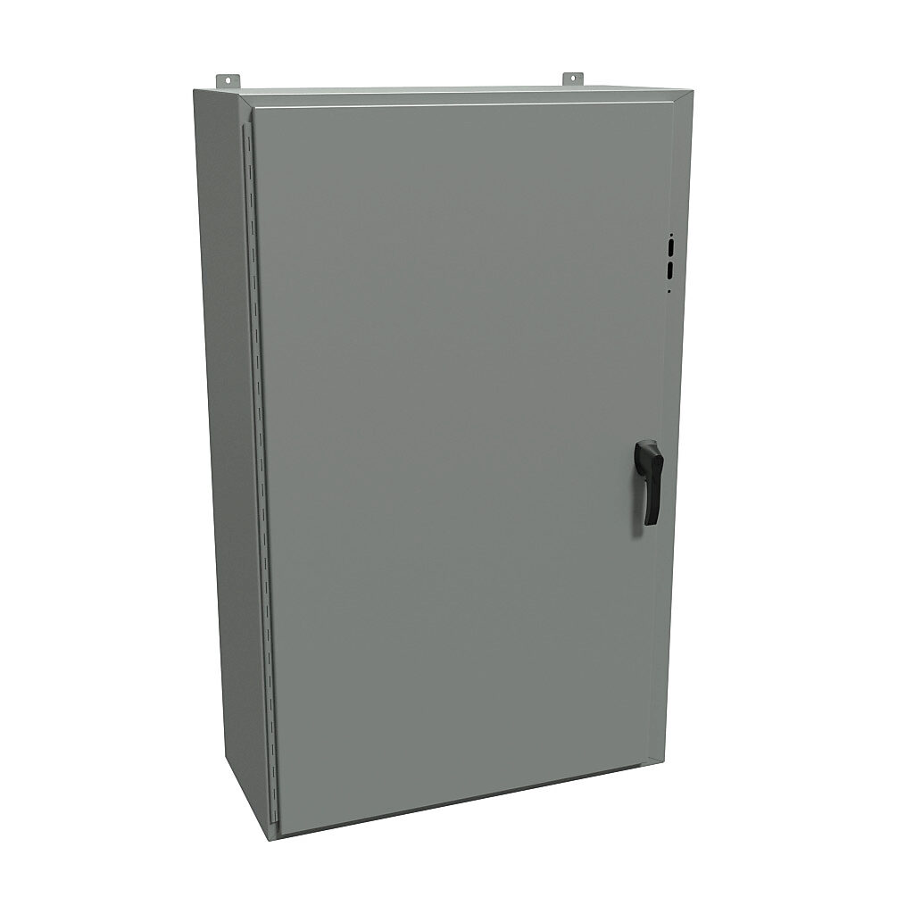1447SL16HK - Hammond disconnect enclosure, NEMA 4/12/13, right flange, 60 x 37 x 16in (HxWxD), wall mount, carbon steel, ANSI 61 gray, powder coat finish, single-door, 3-point padlocking handle.