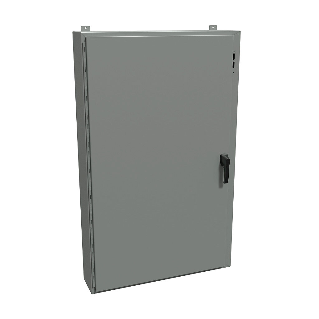 1447SL8HK - Hammond disconnect enclosure, NEMA 4/12/13, right flange, 60 x 37 x 8in (HxWxD), wall mount, carbon steel, ANSI 61 gray, powder coat finish, single-door, 3-point padlocking handle.