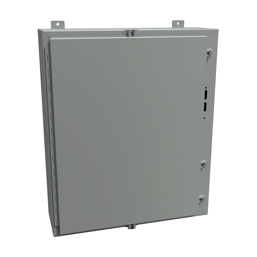 1447SN4E8 - Hammond disconnect enclosure, NEMA 3R/4/12, right flange, 30 x 25 x 8in (HxWxD), wall mount, carbon steel, ANSI 61 gray, powder coat finish, single-door, stainless steel clamps.