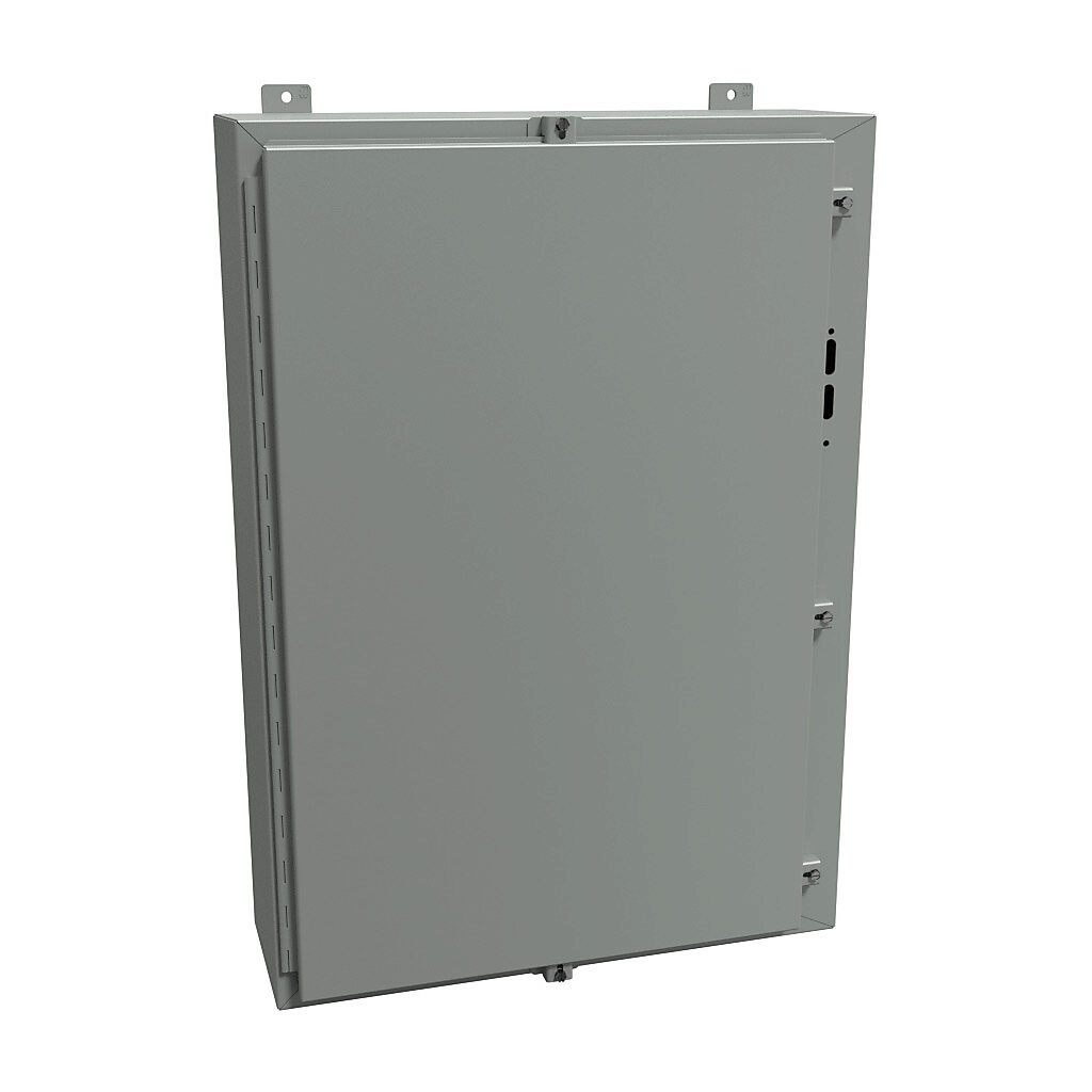 1447SN4F8 - Hammond disconnect enclosure, NEMA 3R/4/12, right flange, 36 x 25 x 8in (HxWxD), wall mount, carbon steel, ANSI 61 gray, powder coat finish, single-door, stainless steel clamps.