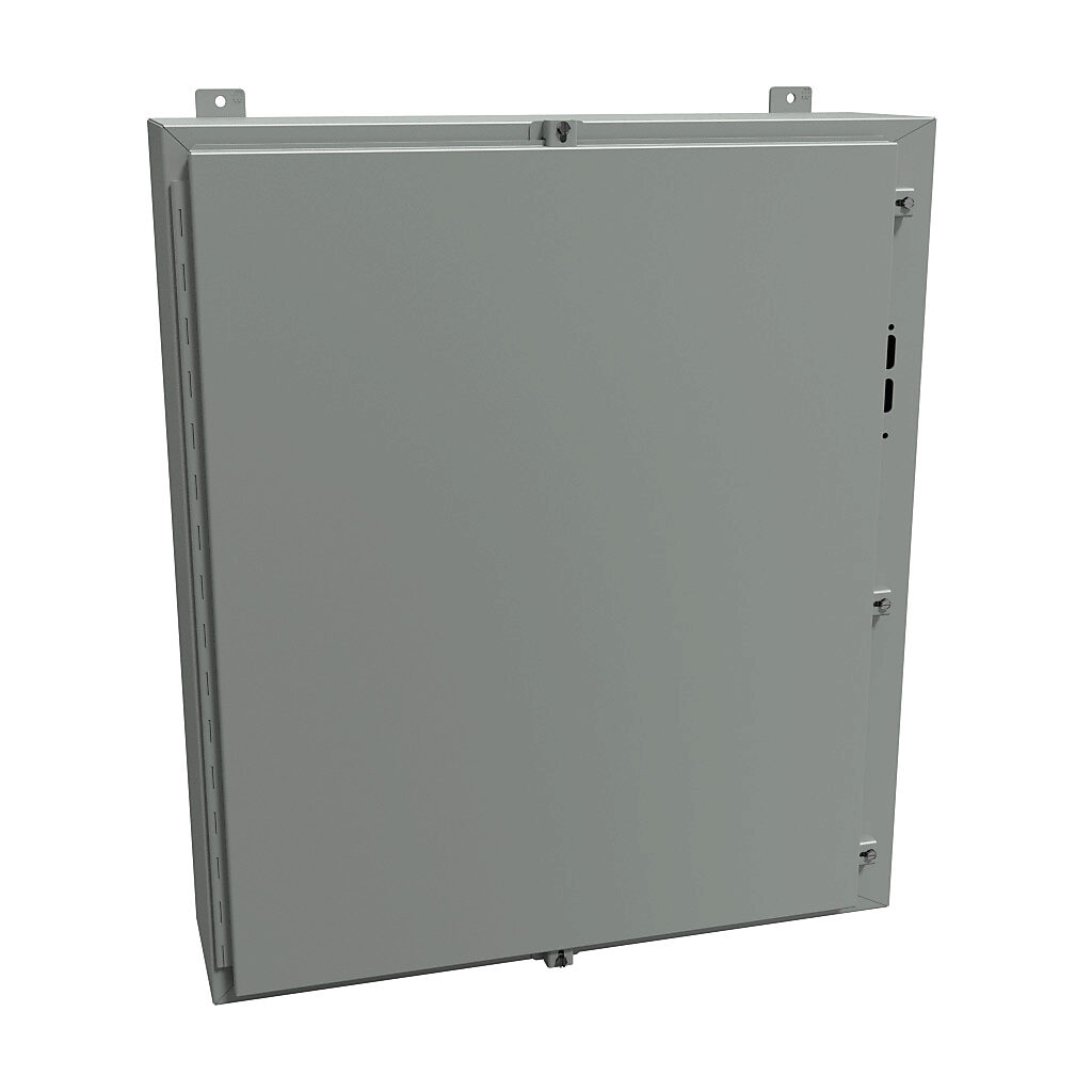 1447SN4G8 - Hammond disconnect enclosure, NEMA 3R/4/12, right flange, 36 x 31 x 8in (HxWxD), wall mount, carbon steel, ANSI 61 gray, powder coat finish, single-door, stainless steel clamps.