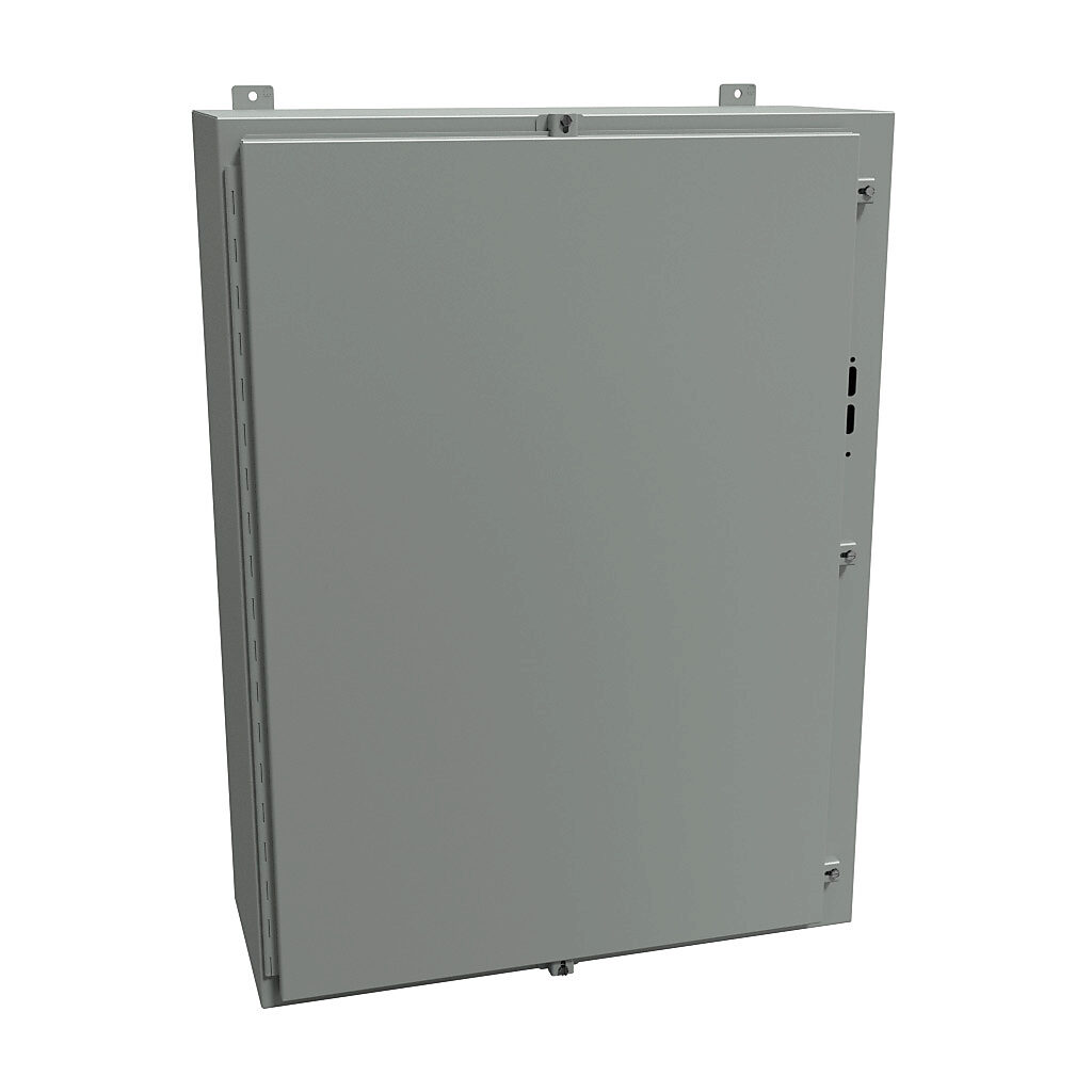 1447SN4H12 - Hammond disconnect enclosure, NEMA 3R/4/12, right flange, 42 x 31 x 12in (HxWxD), wall mount, carbon steel, ANSI 61 gray, powder coat finish, single-door, stainless steel clamps.