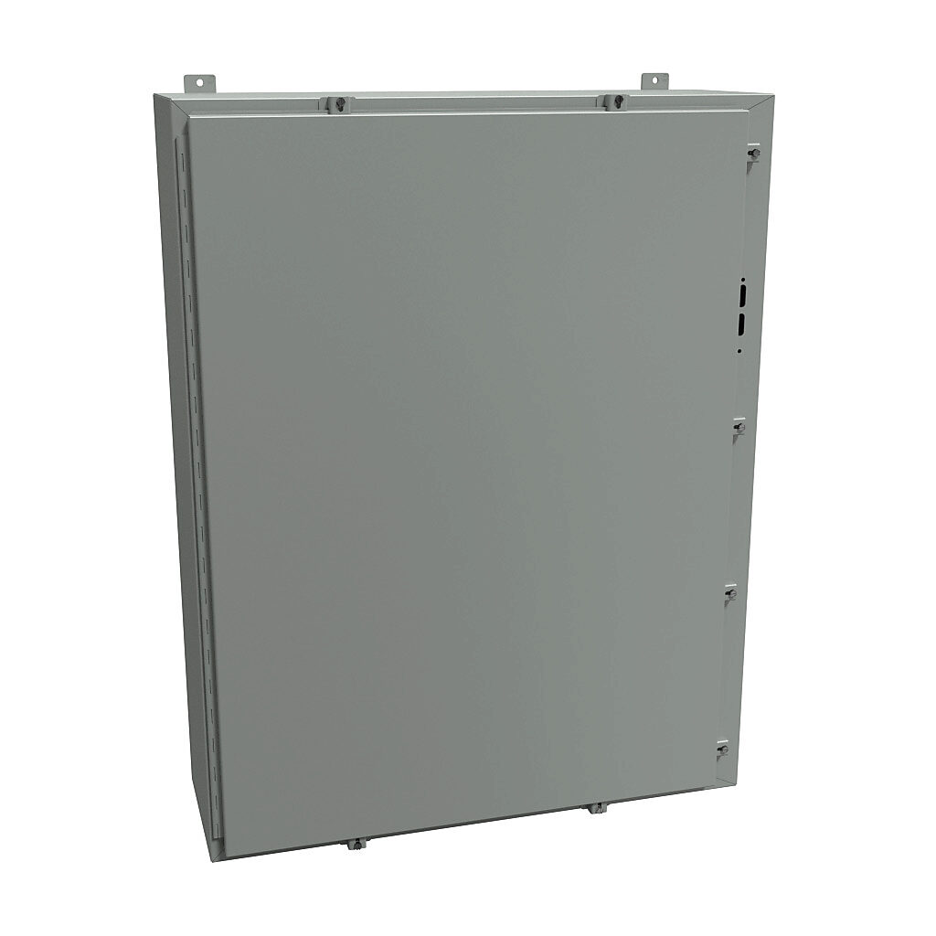 1447SN4K12 - Hammond disconnect enclosure, NEMA 3R/4/12, right flange, 48 x 37 x 12in (HxWxD), wall mount, carbon steel, ANSI 61 gray, powder coat finish, single-door, stainless steel clamps.