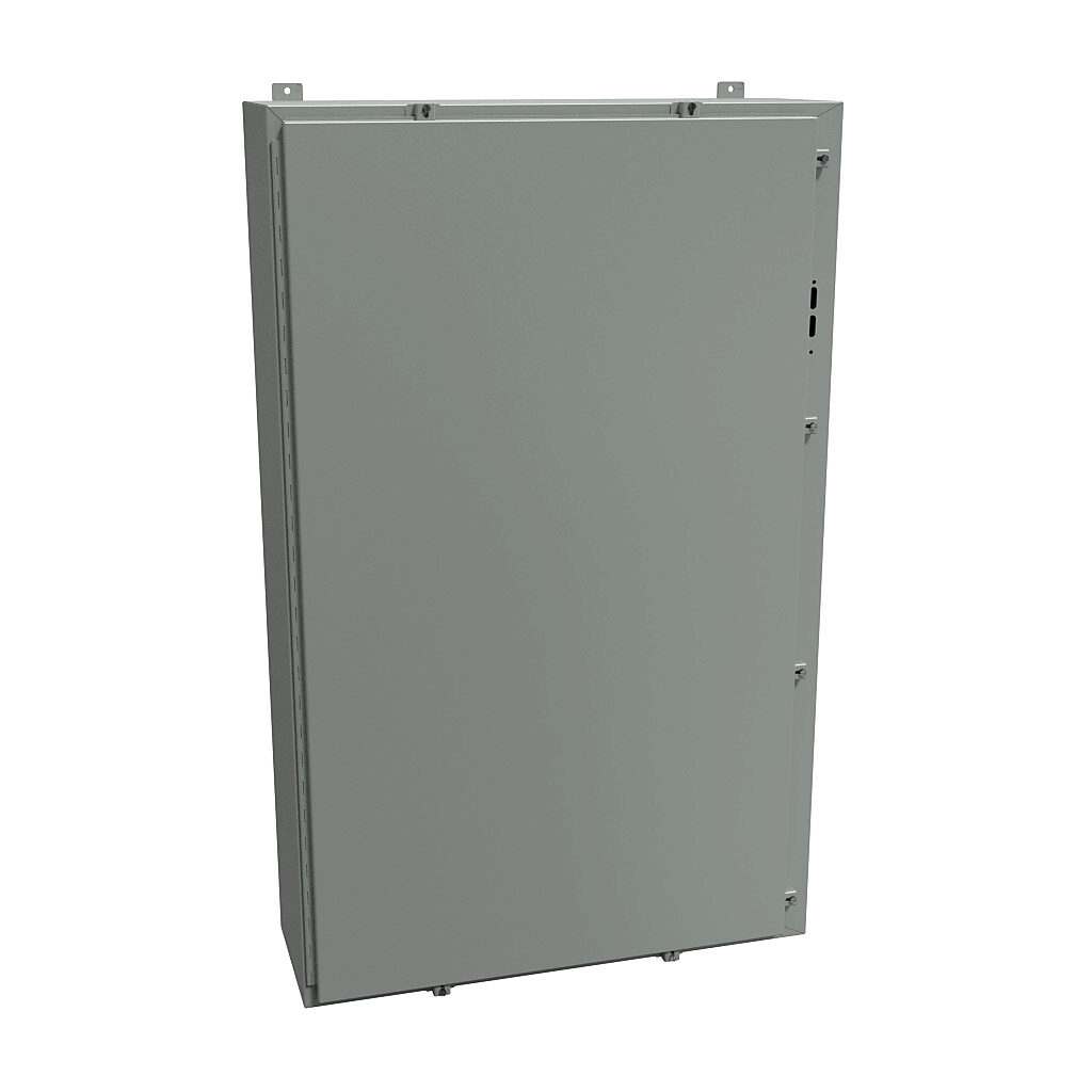 1447SN4L12 - Hammond disconnect enclosure, NEMA 3R/4/12, right flange, 60 x 37 x 12in (HxWxD), wall mount, carbon steel, ANSI 61 gray, powder coat finish, single-door, stainless steel clamps.