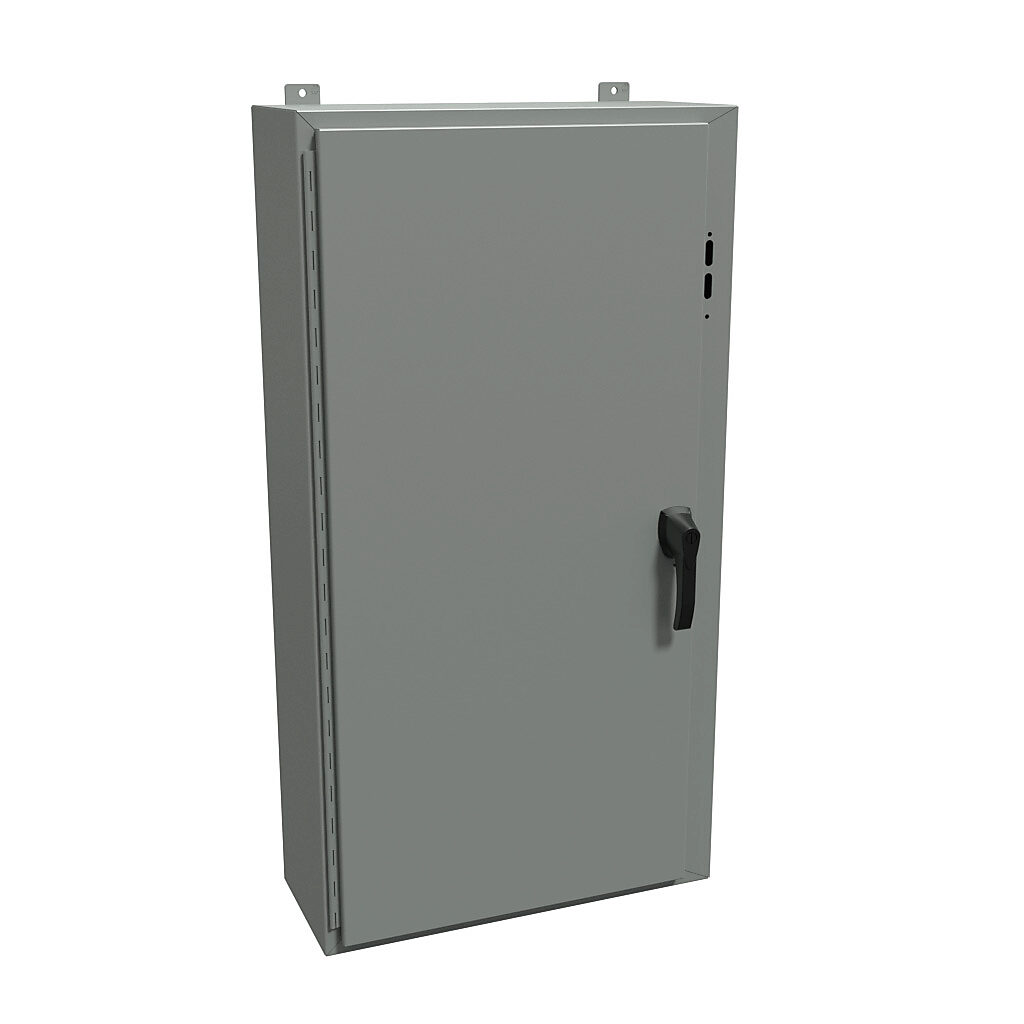 1447SQ10HK - Hammond disconnect enclosure, NEMA 4/12/13, right flange, 48 x 25 x 10in (HxWxD), wall mount, carbon steel, ANSI 61 gray, powder coat finish, single-door, 3-point padlocking handle.