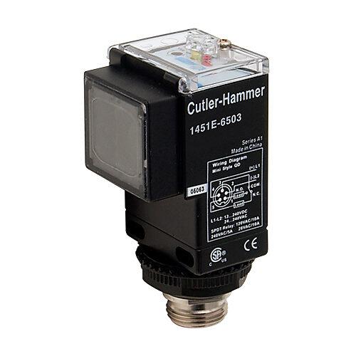 1451E-6503 - Eaton photoelectric sensor, rectangular, polarized retroreflective, visible red, 16ft sensing distance, selectable light-on/dark-on, solid state relay, potentiometer, 4-wire, 4-pin mini 7/8in - 16UNF thread.