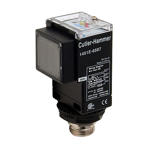 1451E-6507 - Eaton photoelectric sensor, rectangular, polarized retroreflective, visible red, 16ft sensing distance, selectable light-on/dark-on, NPN/PNP, potentiometer, 4-wire, 4-pin mini 7/8in - 16UNF thread.