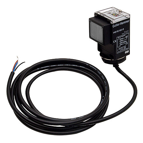 1451E-6513 - Eaton photoelectric sensor, rectangular, polarized retroreflective, visible red, 16ft sensing distance, selectable light-on/dark-on, solid state relay, potentiometer, 4-wire, pigtail.