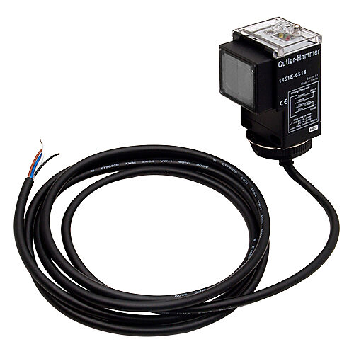 1451E-6514 - Eaton photoelectric sensor, rectangular, polarized retroreflective, visible red, 16ft sensing distance, selectable light-on/dark-on, SPDT EM relay, potentiometer, 5-wire, pigtail.