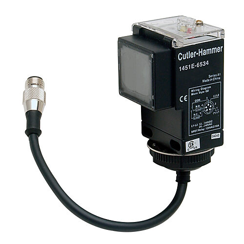 1451E-6534 - Eaton photoelectric sensor, rectangular, polarized retroreflective, visible red, 16ft sensing distance, selectable light-on/dark-on, SPDT EM relay, potentiometer, 5-wire, 5-pin AC micro 1/2in - 20UNF thread.