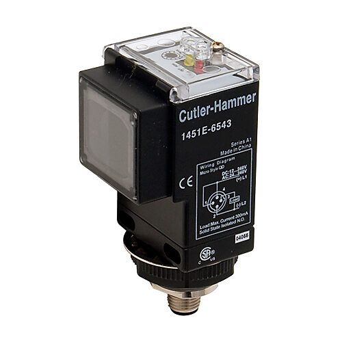 1451E-6543 - Eaton photoelectric sensor, rectangular, polarized retroreflective, visible red, 16ft sensing distance, selectable light-on/dark-on, solid state relay, potentiometer, 4-wire, 4-pin AC micro connector.